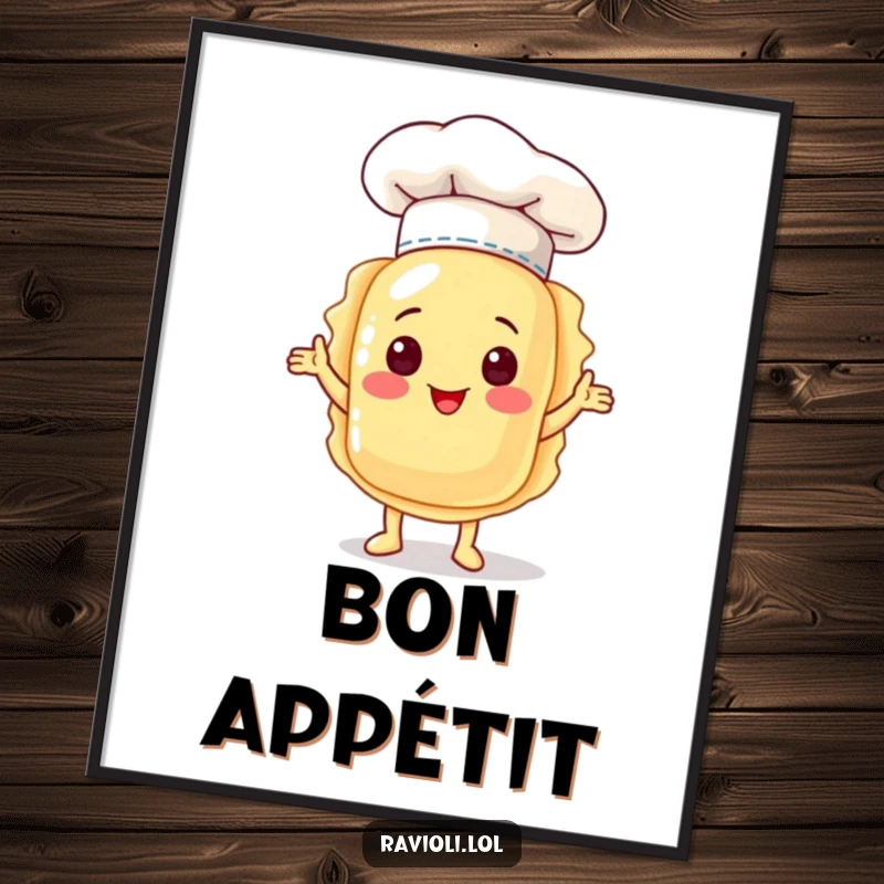 Funny ravioli character in a chef hat, proudly presenting itself, as a digital art print for instant download and charming decor.