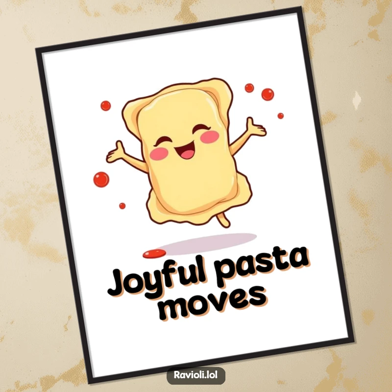 Funny digital art of a happy ravioli character dancing joyfully with sauce splatters, capturing the essence of Italian culinary celebration instantly.