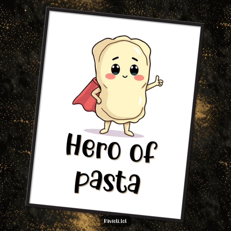 Funny ravioli character in a dramatic pose with a tiny cape, printable digital art, showcasing humor and heroism.