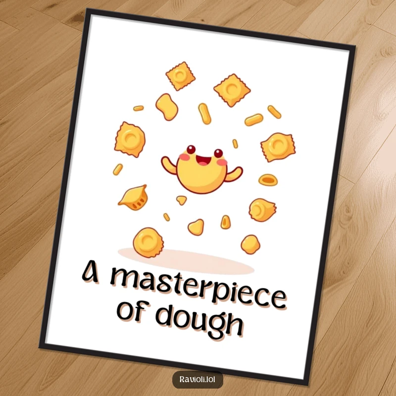 High-resolution funny ravioli character juggling pasta shapes, available as a digital art print for instant, humorous home decor.