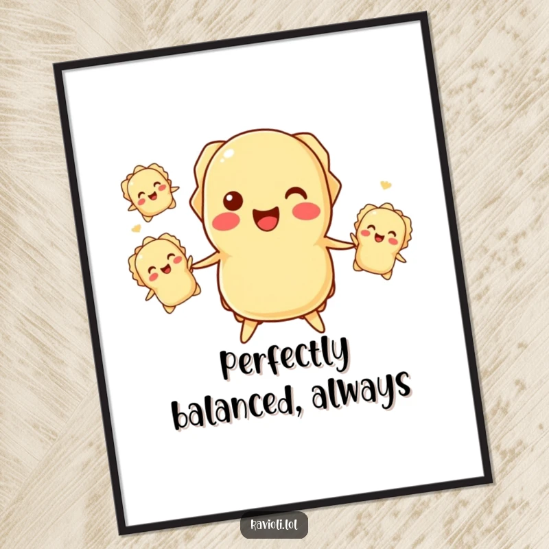 Funny ravioli juggling digital art print of a happy ravioli character tossing smaller ravioli, ready for printing.