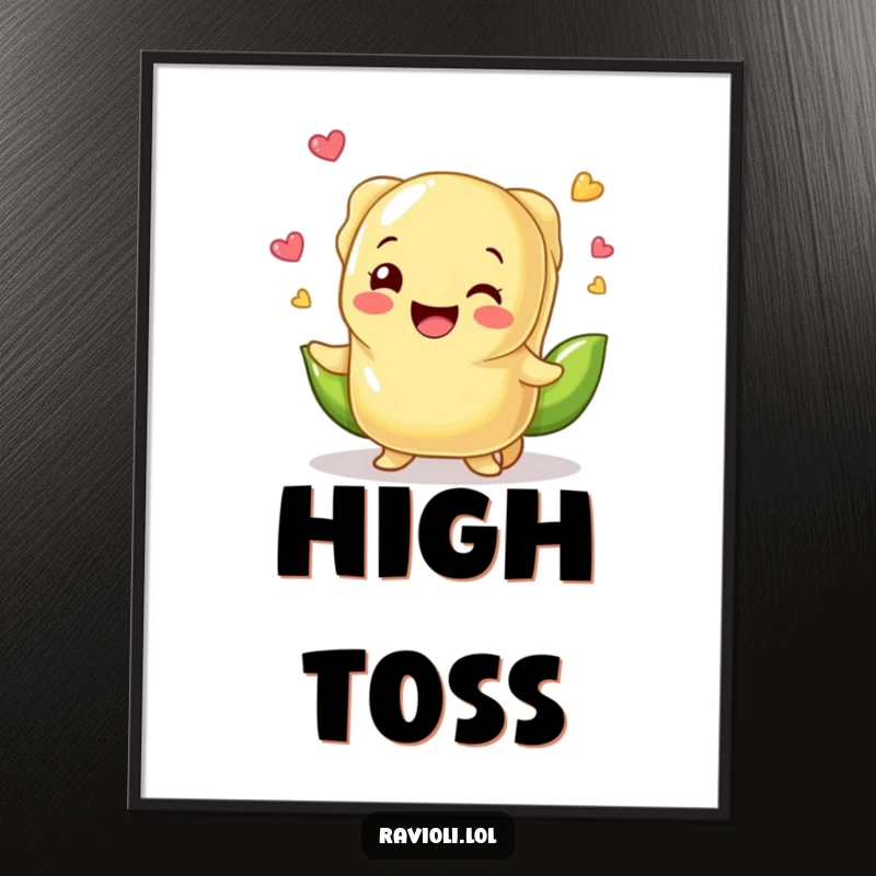 Funny ravioli character juggling bright green peas, rendered as a digital art print for instant download and cheerful display.