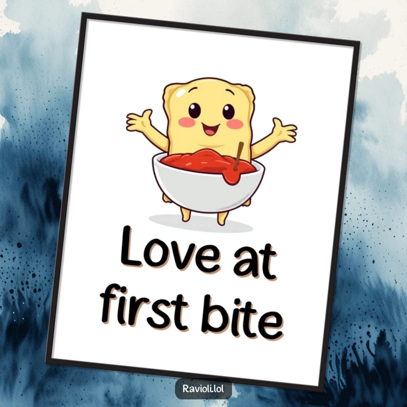 Funny digital art of a ravioli character embracing a bowl of marinara sauce, celebrating Italian culinary passion with instant humorous flair.