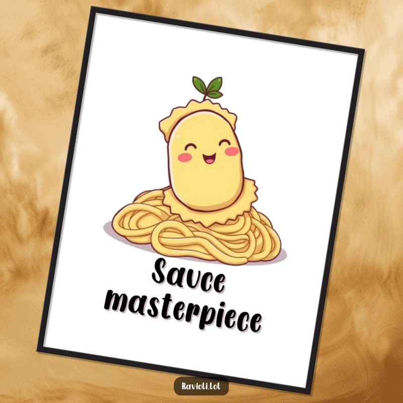 Funny digital art print of a ravioli character happily rolling down a hill of pasta, evoking pure carby joy and amusement.