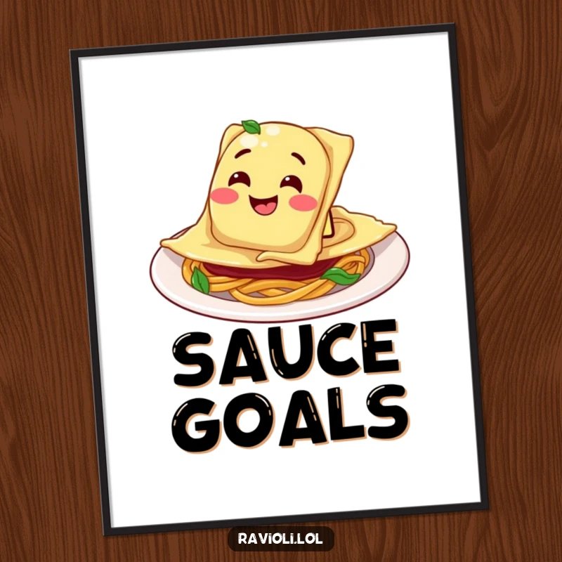 Funny Ravioli Plate Digital Art: Ravioli character sliding into a plate with a goofy grin, printable art for fun kitchen decor.