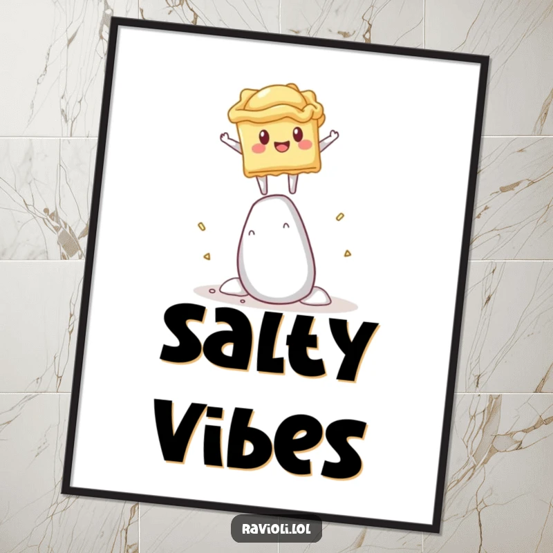 Funny digital art print of a ravioli character balancing on a giant salt shaker, whimsical and comical wall decor.