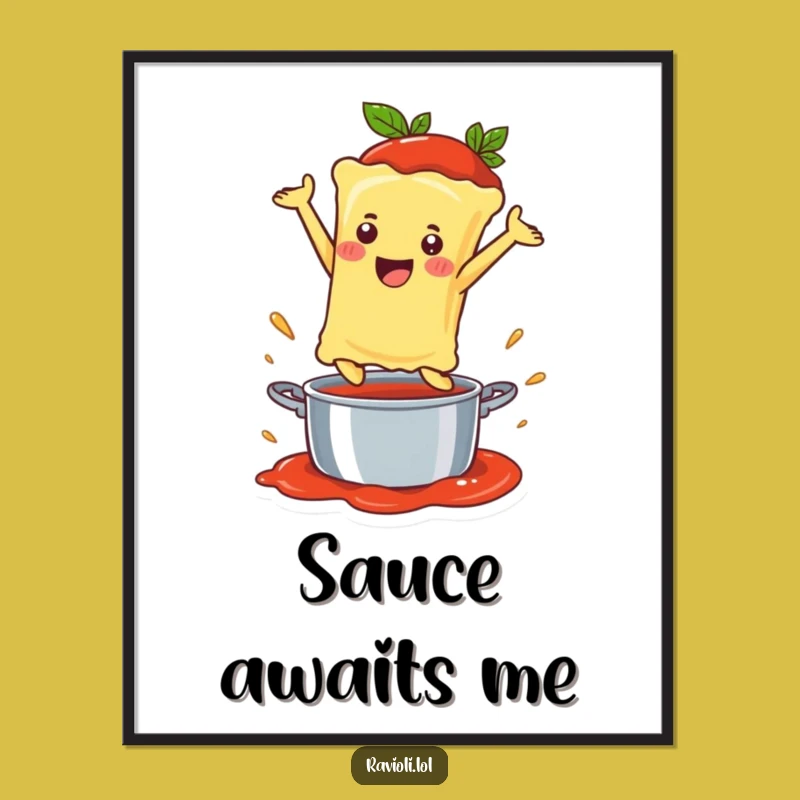 Funny Ravioli Sauce Leap Digital Art: Happy Noodle Dive Print, Instant Download Gift