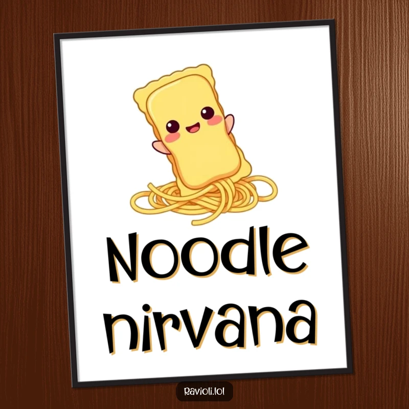 Funny ravioli character playfully sliding down a spaghetti strand, depicted as downloadable digital art for humorous decor.