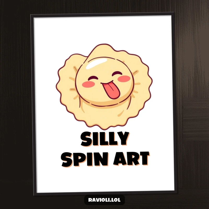 Funny ravioli makes silly face, tongue out, spinning, downloadable art.