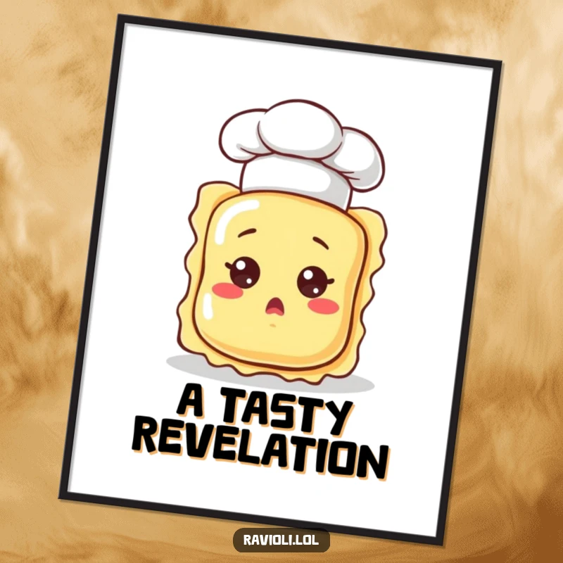 High-resolution funny ravioli character in a chef hat, looking surprised, available as a digital art print for instant, humorous decor.