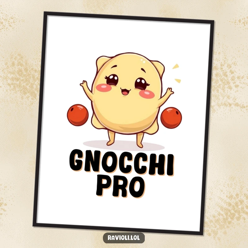 Funny ravioli character winks while juggling meatballs, presented as digital art, perfect for immediate download and display.