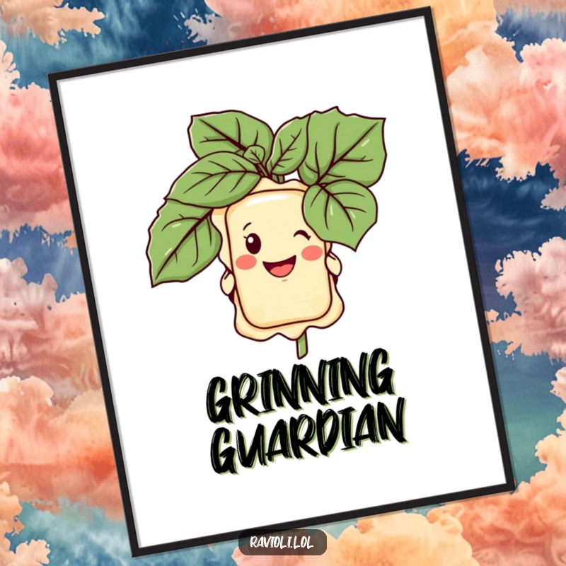 Funny digital art print of a happy ravioli character peeking from behind a large basil leaf, exuding playful Italian vibes.