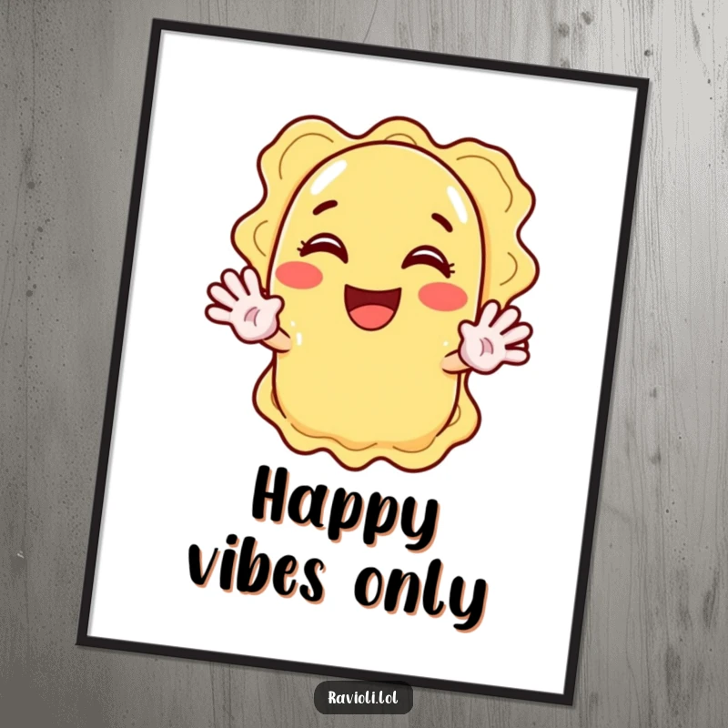 Funny ravioli character enthusiastically waving with both hands, a high-resolution funny digital art print.