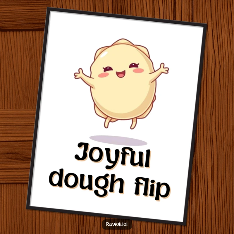 Funny ravioli dumpling digital art print with tiny legs doing a joyful cartwheel, high-resolution, instant download.