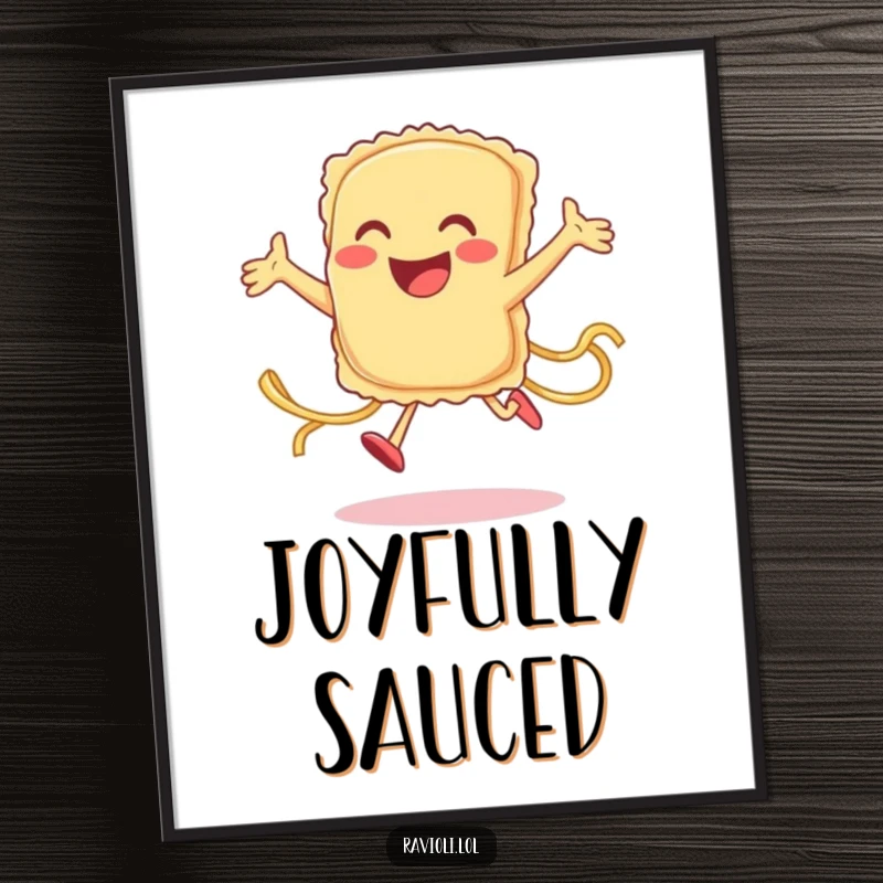 Funny smiling ravioli character jumping joyfully with pasta strands trailing, as downloadable digital art, a humorous gift.
