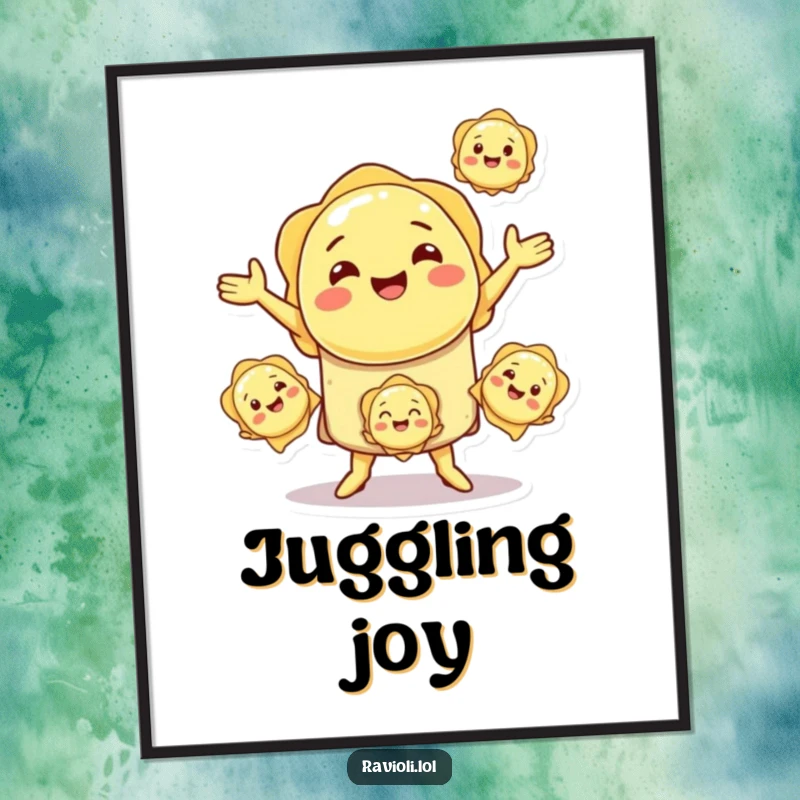 Funny smiling ravioli character juggling smaller ravioli, as a humorous digital art print.