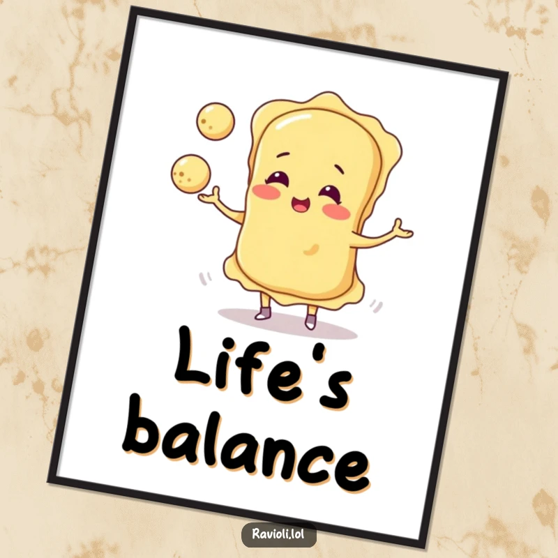 Funny ravioli character gleefully juggling three small cheese balls, ready to be printed as humorous digital wall art.