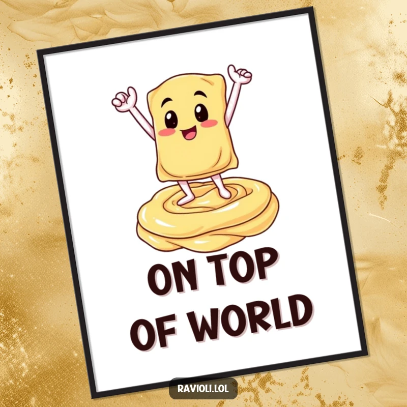 Funny digital art of a ravioli character in a triumphant pose on a creamy sauce swirl, celebrating Italian culinary achievement with instant humorous flair.
