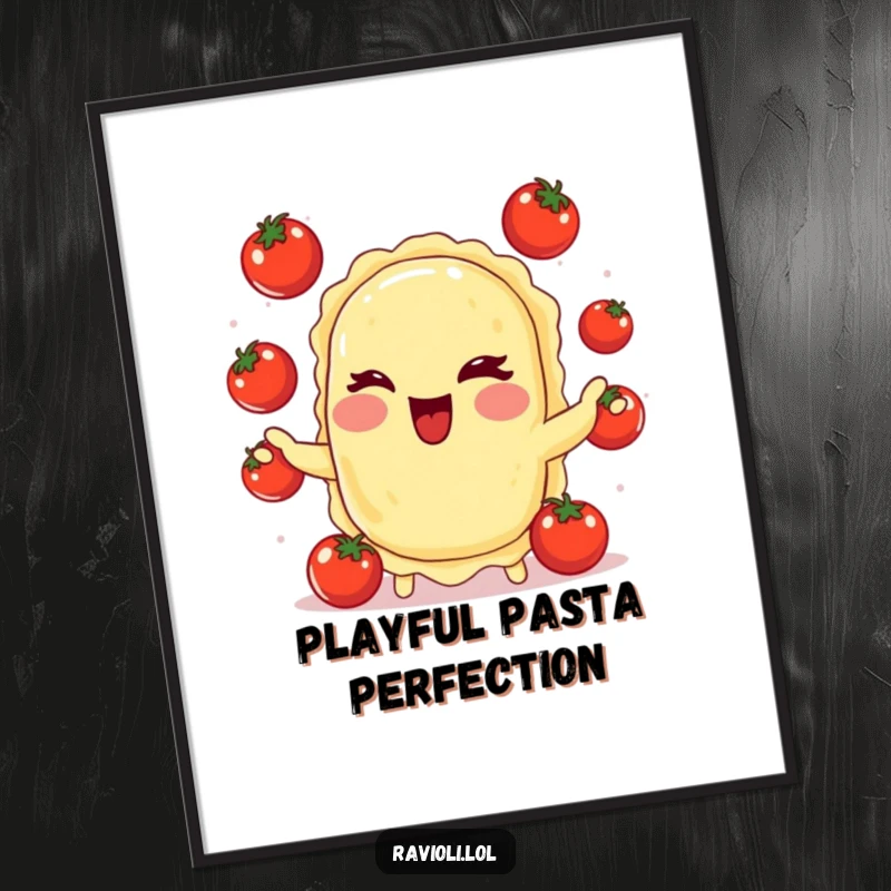 Funny digital art print of a winking ravioli juggling tiny tomatoes, perfect for instant, vibrant, and humorous kitchen decor.