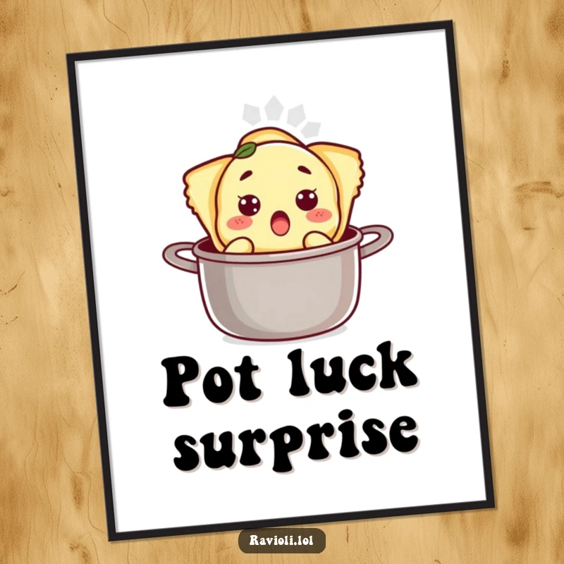 Funny ravioli character with a surprised expression popping out of a pot, available as downloadable digital art for humorous decor.