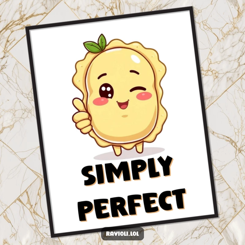 Funny ravioli character winking and giving a thumbs up, a high-resolution funny digital art print.