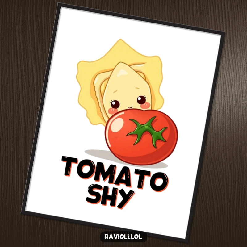 Funny digital art print of a shy ravioli peeking from behind a large tomato, whimsical and cute wall decor.