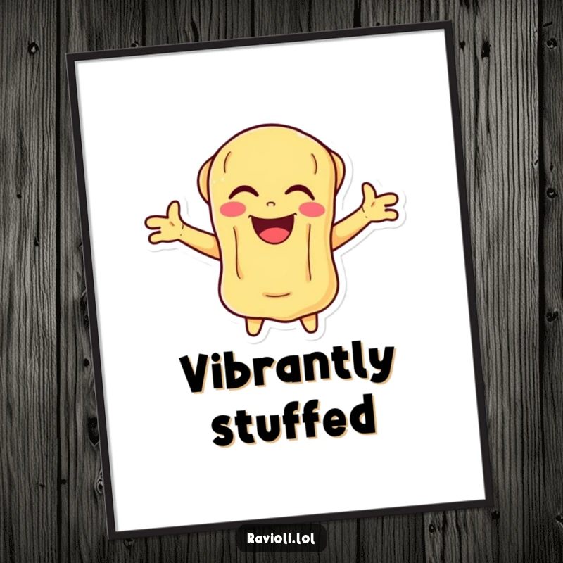 Funny Ravioli digital art print of a pasta character laughing vibrantly with arms wide, perfect for joyful wall decor.