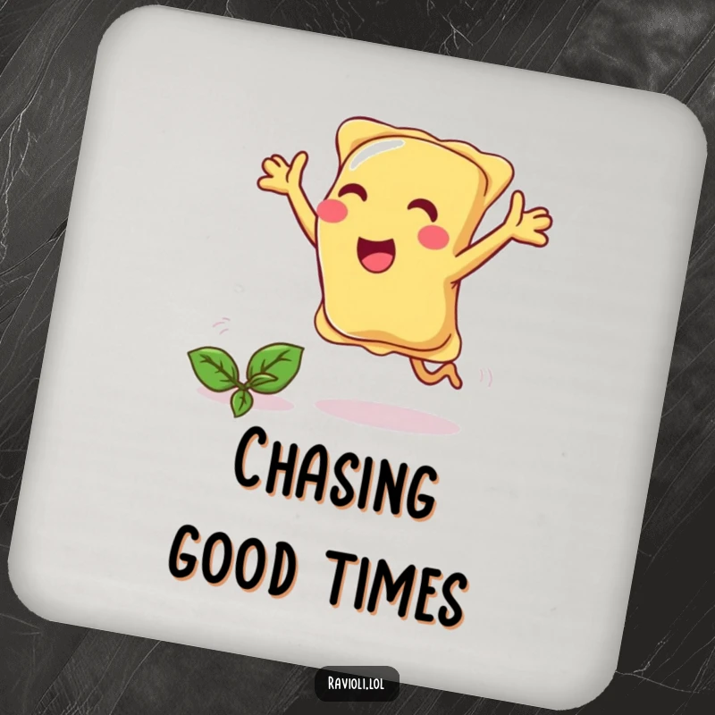 Funny ravioli joyfully chases a basil leaf with open arms, coaster.