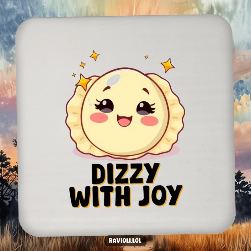 Funny ravioli with starry eyes spinning with delight, coaster with an enchanted Italian pasta character, perfect funny table protection.