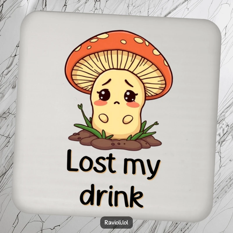 A confused ravioli peeking from behind a mushroom on a drink coaster, adding humor to any surface.
