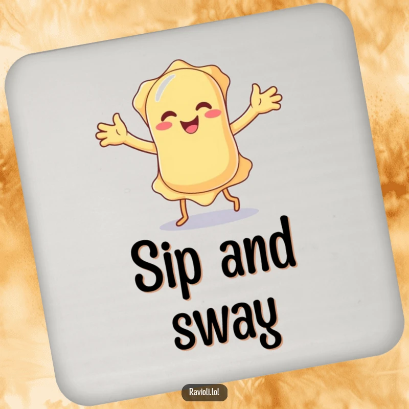 Funny ravioli character doing a silly dance on a drink coaster, offering humorous and practical protection for tables.