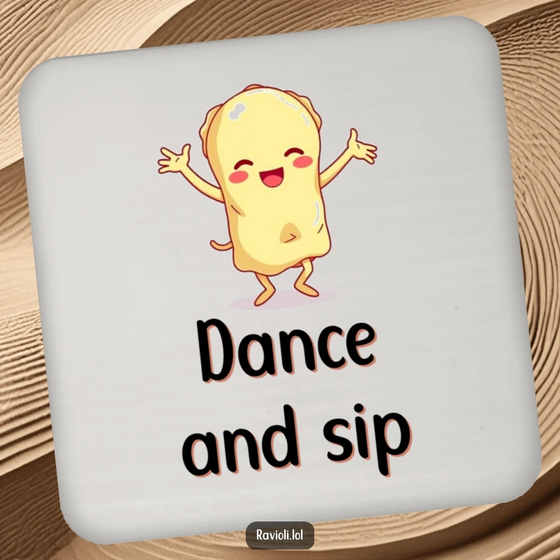 Funny ravioli character with exaggerated floppy limbs doing a clumsy dance, a humorous and protective drink coaster.