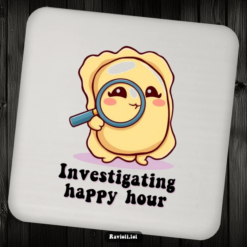 Funny Drink Coasters: A ravioli inspects a crumb with a magnifying glass, protecting your surfaces with a humorous and intriguing design.