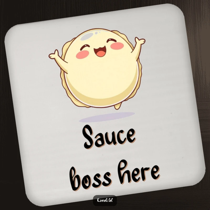 Funny drink coaster with a plump, round ravioli character joyfully bouncing, perfect for surface protection with a happy touch.