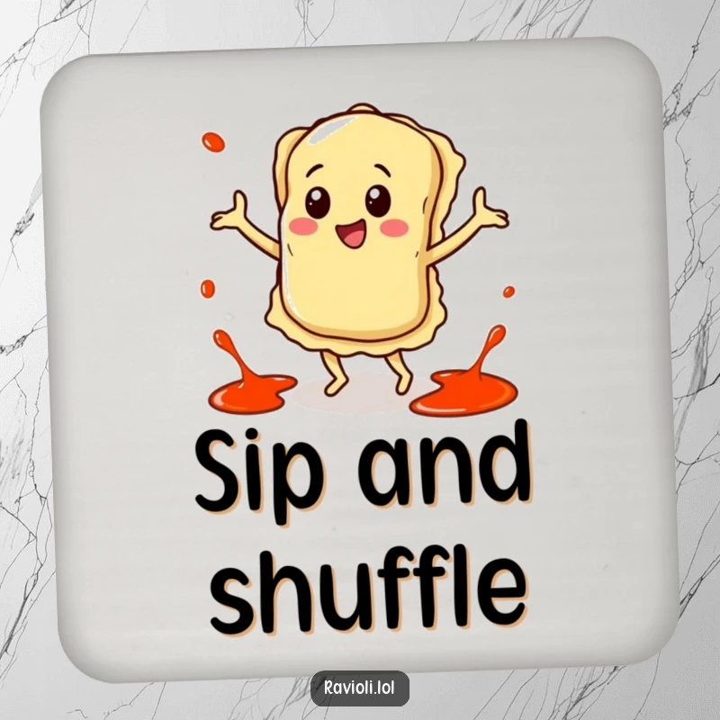 Funny coasters with a happy ravioli character dancing with sauce splatters around it, perfect for protecting surfaces with flair.