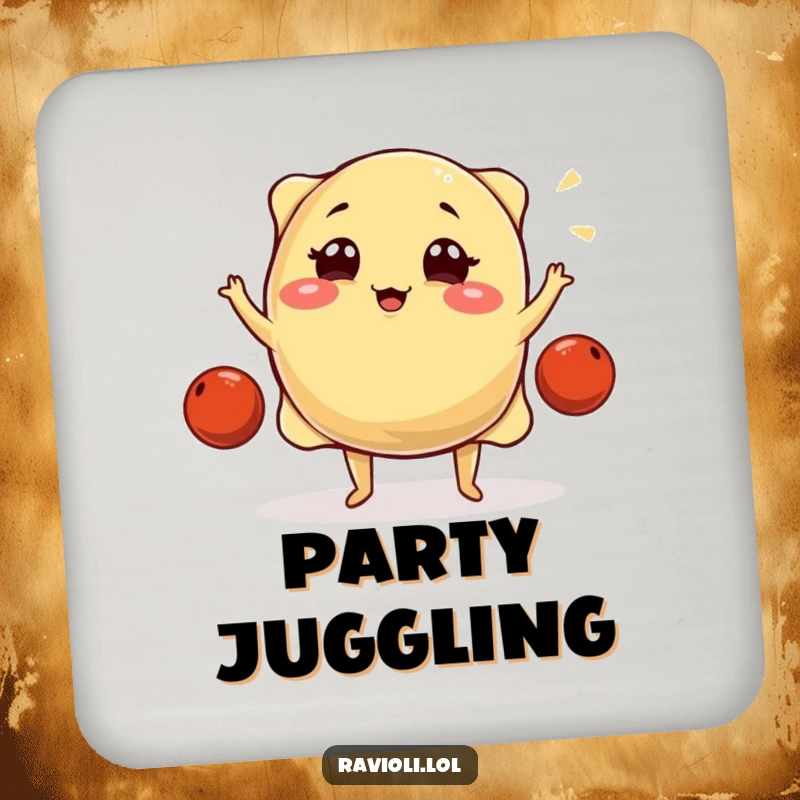 Funny ravioli juggling meatballs on a drink coaster, adding a touch of culinary humor and protecting surfaces.