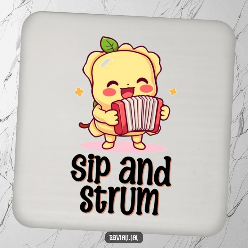 Funny drink coaster featuring a ravioli character playing a miniature accordion with gusto, a musical and humorous accessory.