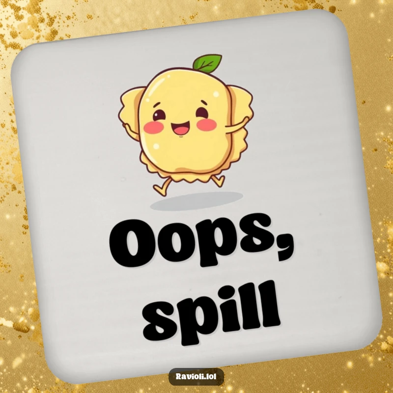 Funny ravioli character tripping, a coaster with pasta humor and a clumsy, smiling character, perfect funny gift.