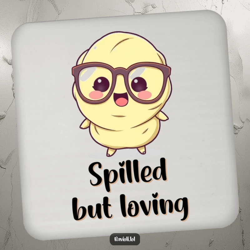 Funny Ravioli Drink Coaster with a cartoon pasta character in large glasses, humorously tripping, protecting surfaces with style.