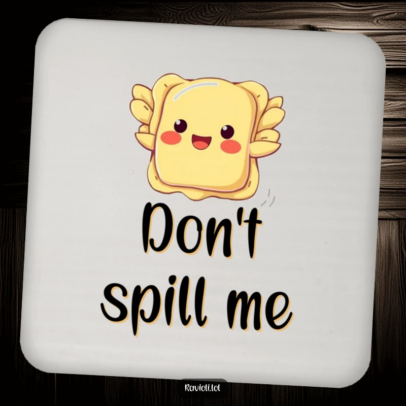 Funny ravioli drink coaster showing a pasta with wings trying to fly, a humorous coaster for parties.