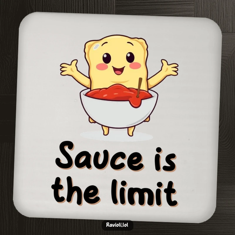 Funny drink coaster featuring a ravioli character embracing a bowl of marinara sauce, protecting surfaces with Italian culinary passion and humor.