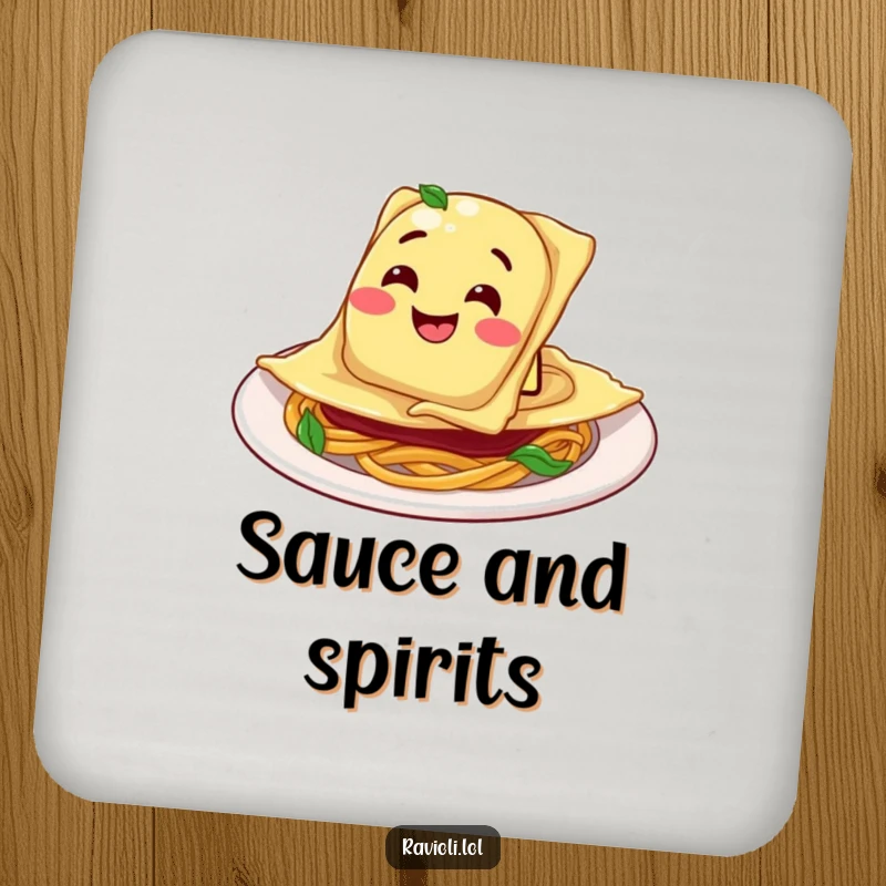 Funny Ravioli Plate Coaster: Ravioli character sliding into a plate with a goofy grin, adding culinary humor to drink protection.