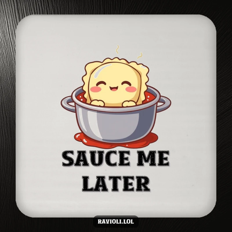 Funny ravioli character with a silly face peeking from a pot of sauce, a humorous and protective drink coaster.