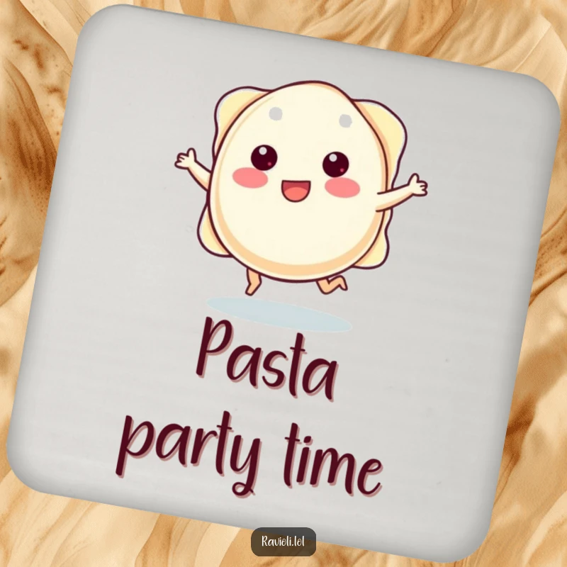 Funny plump ravioli character with tiny legs joyfully skipping, protecting surfaces on a humorous drink coaster.