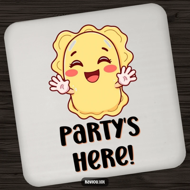 Funny ravioli character enthusiastically waving with both hands, a cheerful and funny drink coaster.