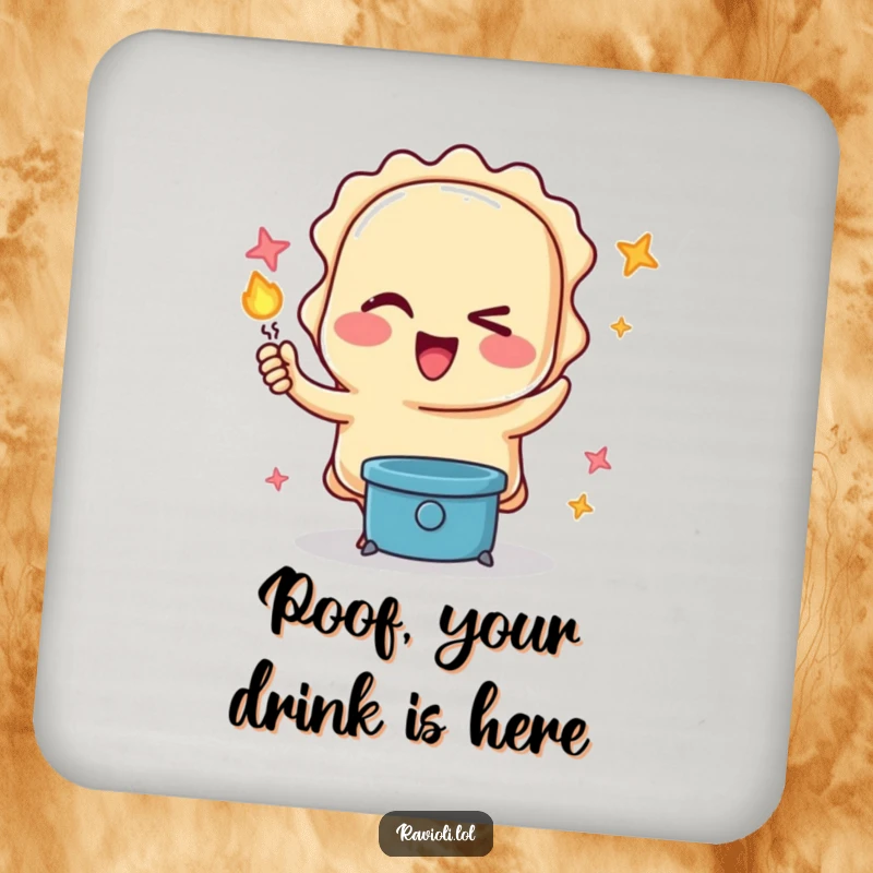 Funny drink coasters featuring a winking ravioli character performing a magic trick, offering surface protection with a humorous and enchanting design.