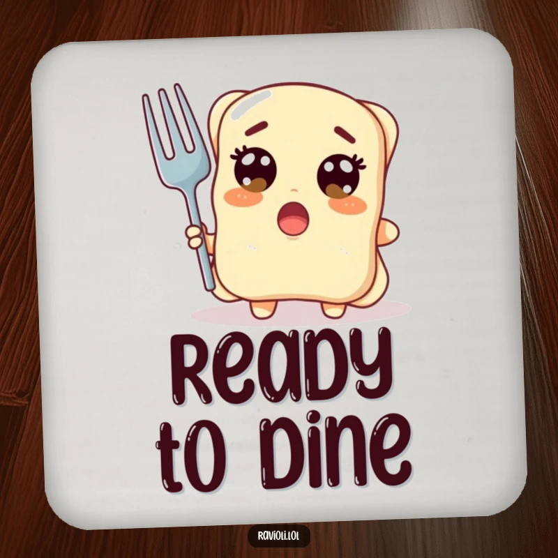 Funny ravioli character with wide surprised eyes holding a giant fork, a coaster with pasta shock humor, perfect funny gift.