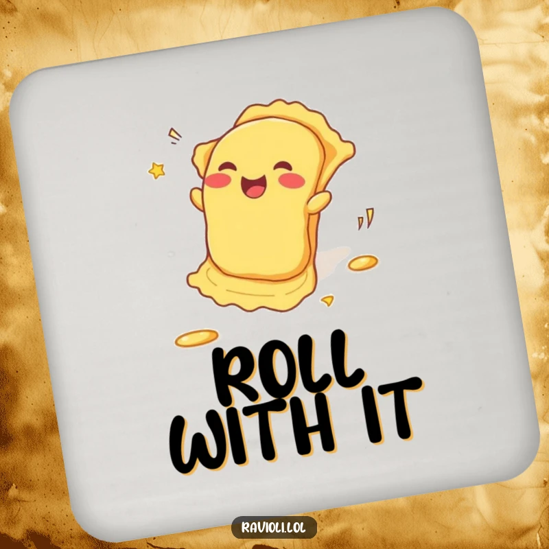 Funny Drink Coasters: A ravioli rolls downhill enthusiastically, leaving giggles, protecting your surfaces with a humorous and cheerful design.