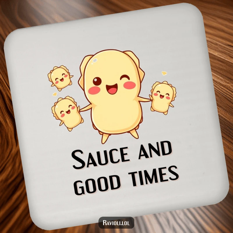 Funny ravioli juggling coaster featuring a smiling ravioli character juggling smaller ravioli, perfect for protecting surfaces.