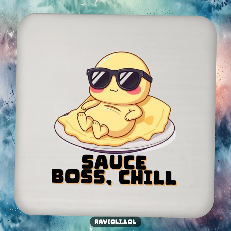 Funny ravioli drink coaster showing a pasta character in sunglasses lounging, protecting furniture with a humorous image.